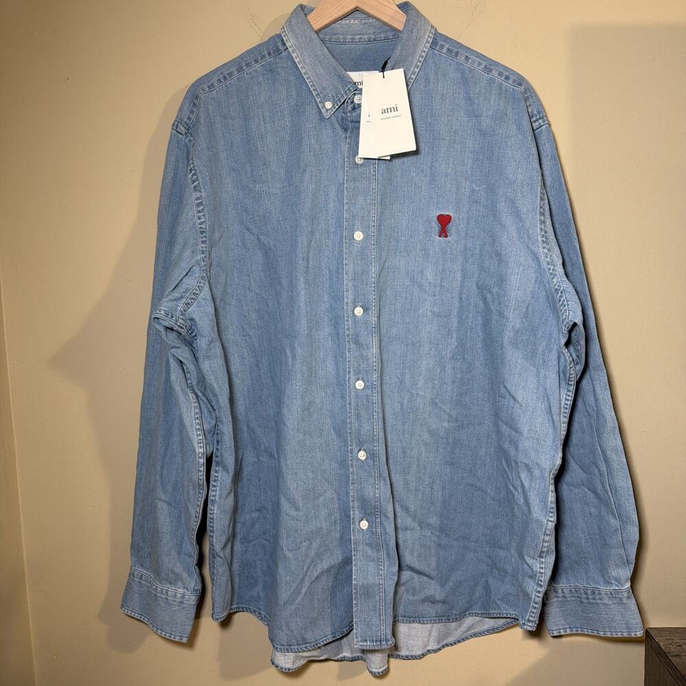 AMI Paris Ami De Coeur Denim Shirt Mens XL Bleu Used Heart Logo Button Down